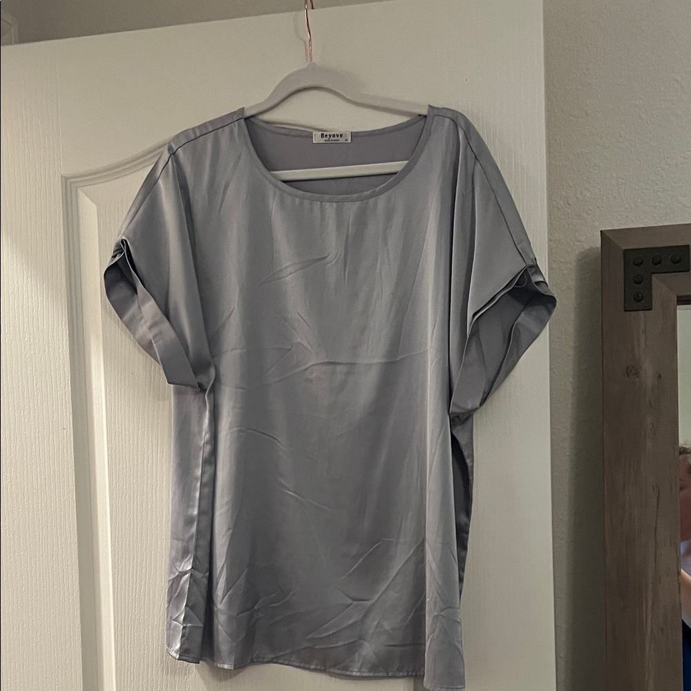 Beyove Blue & Gray Satin Tops - Picture 4 of 10